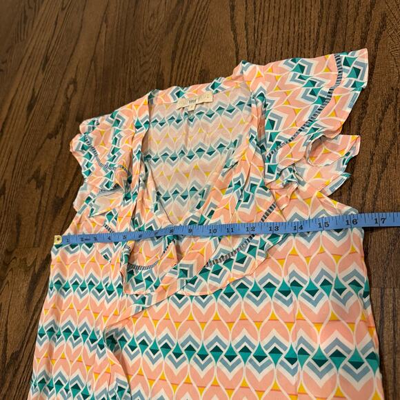 Paloma Blue Sophia Blouse Top Geometric Flutter Sleeve Tie V Neck Size Small - Picture 8 of 9